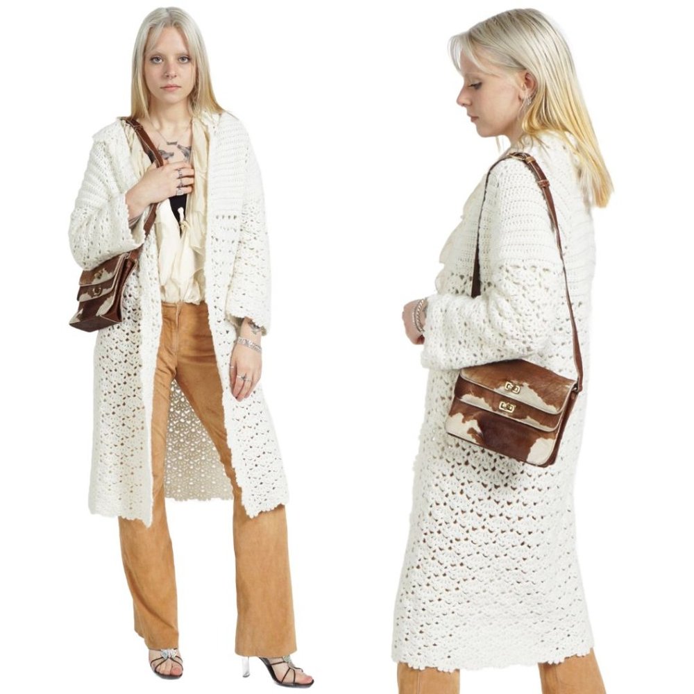 VINTAGE White Crochet Knitted Boho Long Cardigan